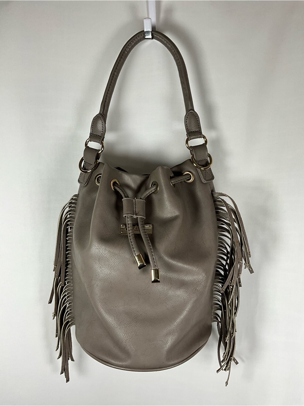 BCBG Paris Bucket Bag Taupe Fringe Drawstring Hobo Bag